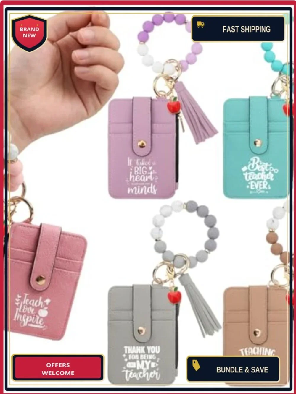 Set of 5 Teacher Appreciation Wristlet Wallets PU Leather Card Holder Bracelet